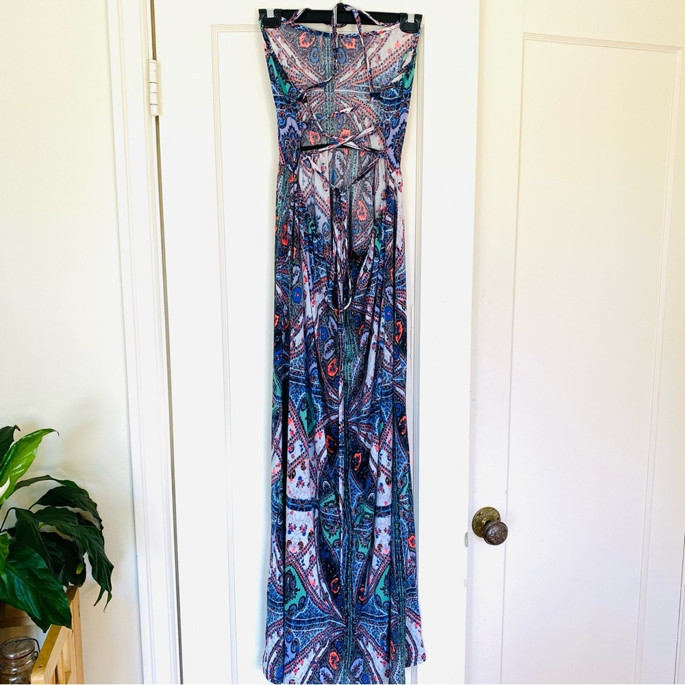 Boohoo backless halter neck maxi dress, adjustable criss-cross laced back, sz 10